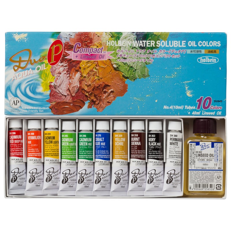 Holbein Duo Aqua Oil Compact Set of 10, 10ml tubes + 40ml Linseed Oil - Image 1